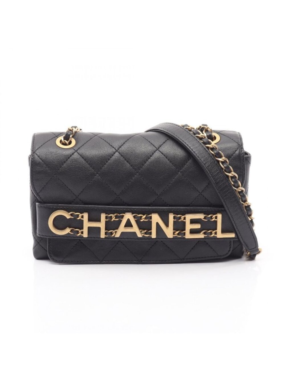 Chanel Shoulder Bag Quilted Logo Black Lambskin Chain